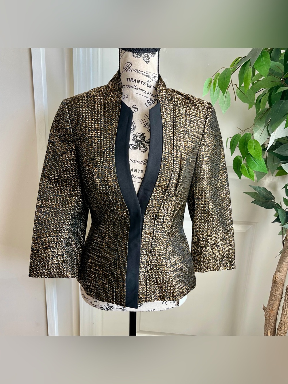 Hilton Hollis Metallic Jacquard 3/4 Sleeve Cocktail Blazer Black Gold Sz XS